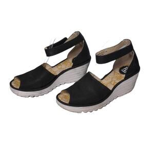 Fly London Yake Leather Wedge Sandals in Black– Size 41 (US 10-10.5) – EUC